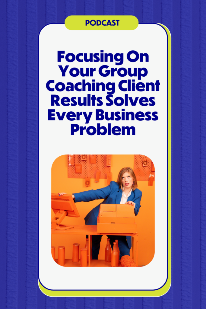 Ashley Rose, a Systems and Airtable Expert, in a blue suit posing in an orange-themed setting, titled "Focusing On Your Group Coaching Client Results Solves Every Business Problem."